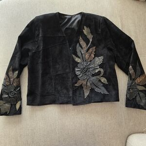 Women's Black Suede Cropped Jacket, with Mixed Leather Appliqués Sz Small